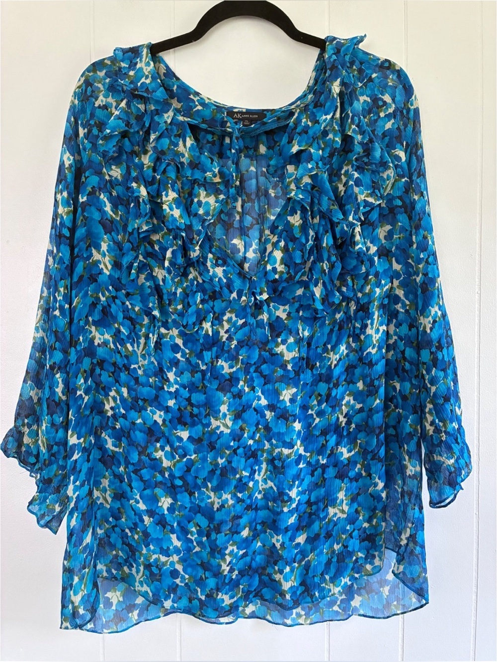 Anne Klein Blue Floral 100% Silk Ruffle Tie Neck Blouse XL Sheer Long Sleeve